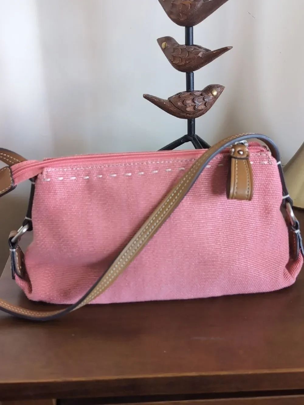 Pink 🩷 Fossil Canvas -Demi Baguette Bag With Leather Trim